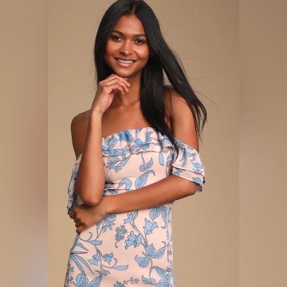 Lulu’s | Adelaide Blush Floral Print Off-the-Shoulder Maxi Dress - Size S - Picture 2 of 5